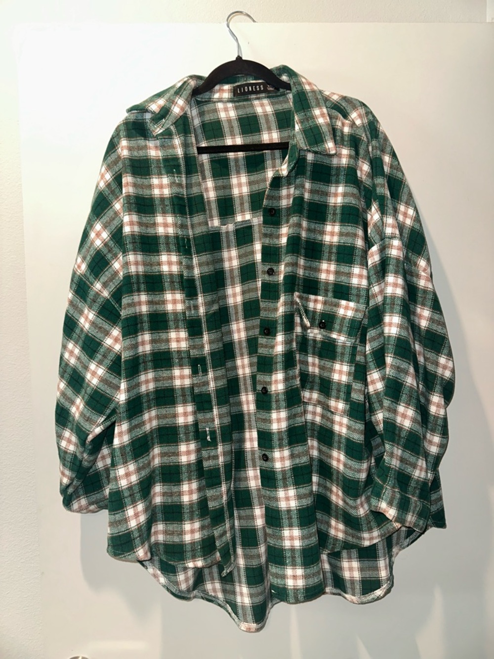 LIONESS Green, White & Tan Plaid Flannel